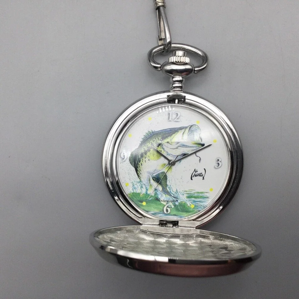 Al Agnew Bass Fish Pocket Watch Men 45mm Silver Tone Full Hunter New Battery